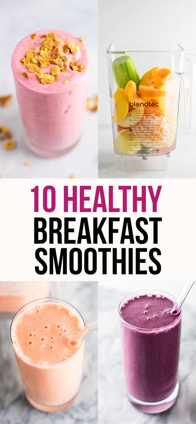 10 healthy breakfast smoothies for busy mornings! Smoothies are such a great way to get a ton of nutrition when you’re in a hurry. I loved the strawberry cheesecake one and the blueberry pie the best. #smoothies #breakfast #healthy #smoothierecipe #healthyeating #healthyrecipe