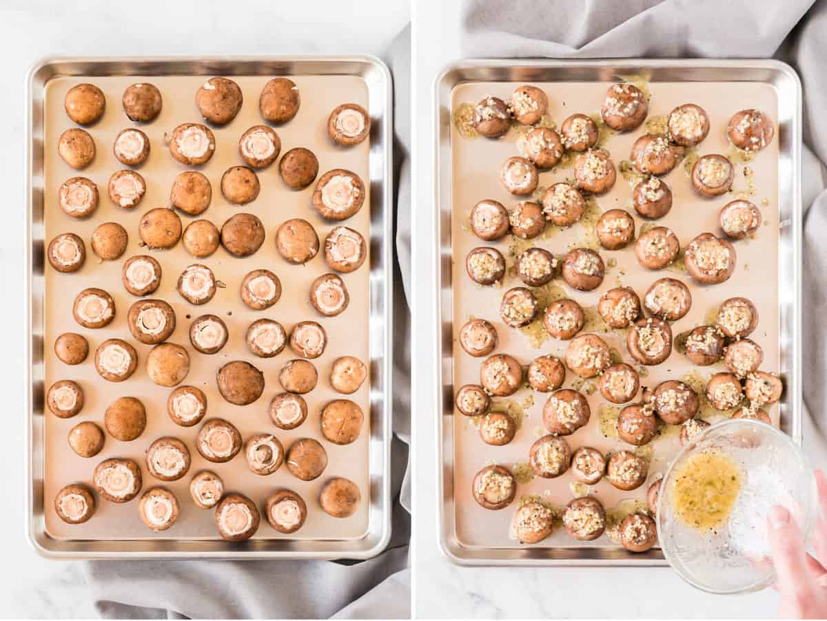 collage image showing the mushrooms on a baking sheet, then garlic butter poured on top