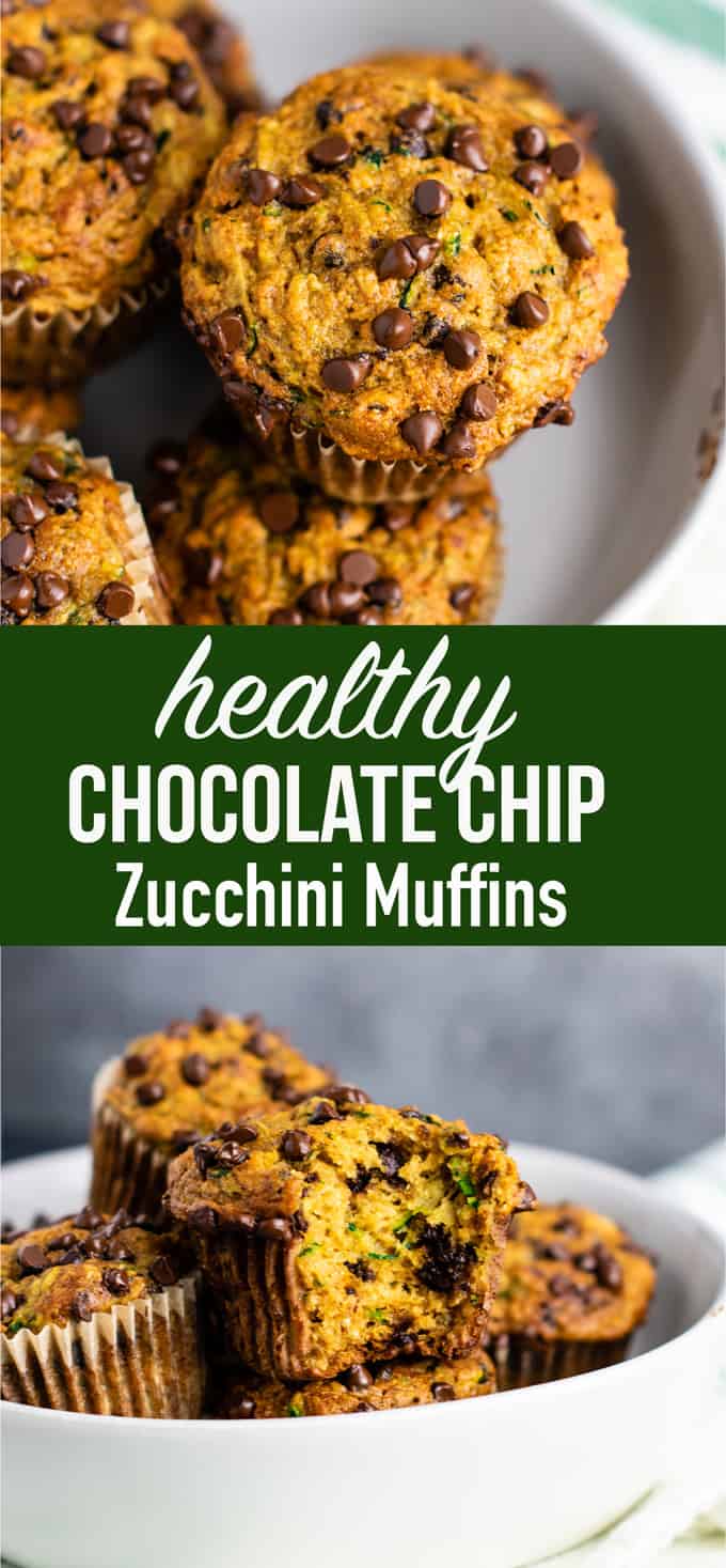 Healthy chocolate chip zucchini muffins made with easy ingredients. Perfect for using up all of that summer zucchini! #zucchini #muffins #chocolatechip #healthy #breakfast #vegetarian