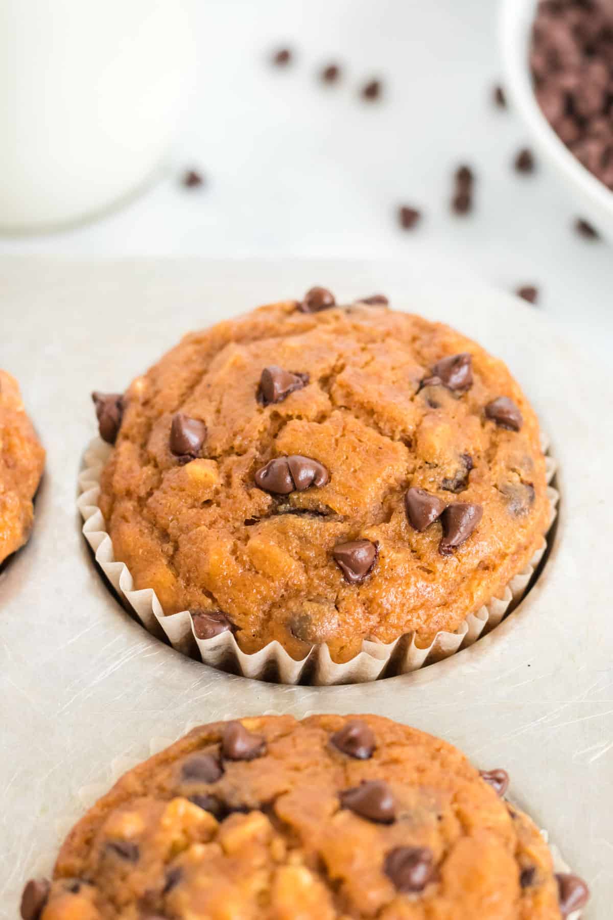 pumpkin chocolate chip muffin in the baking pan