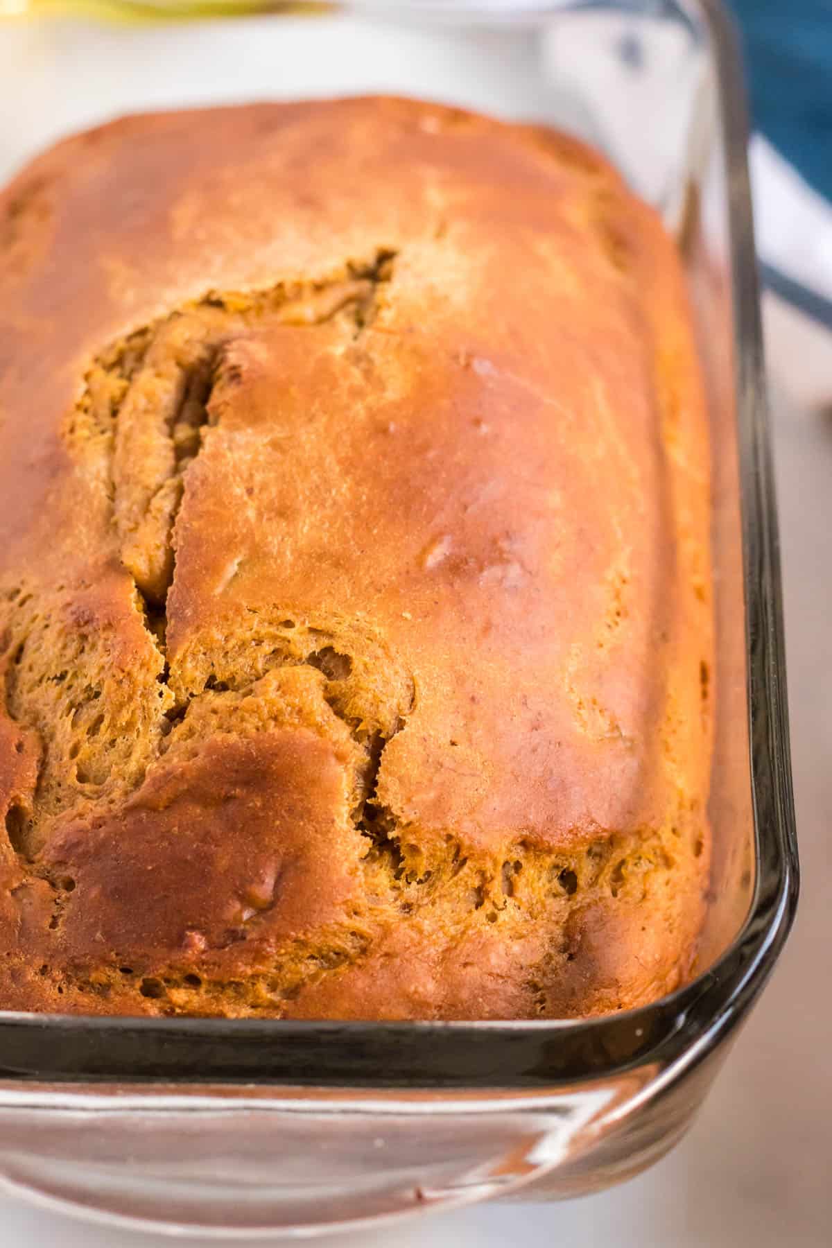 baked pumpkin banana bread in the loaf pan