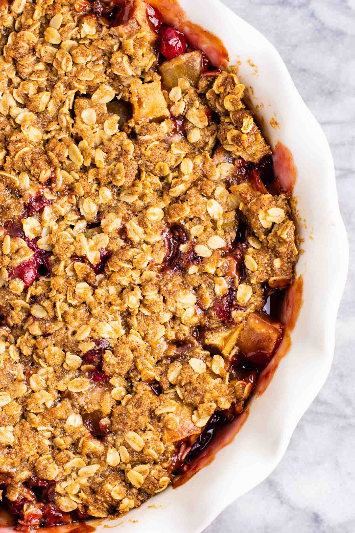 fresh cranberry apple crisp in a pie dish