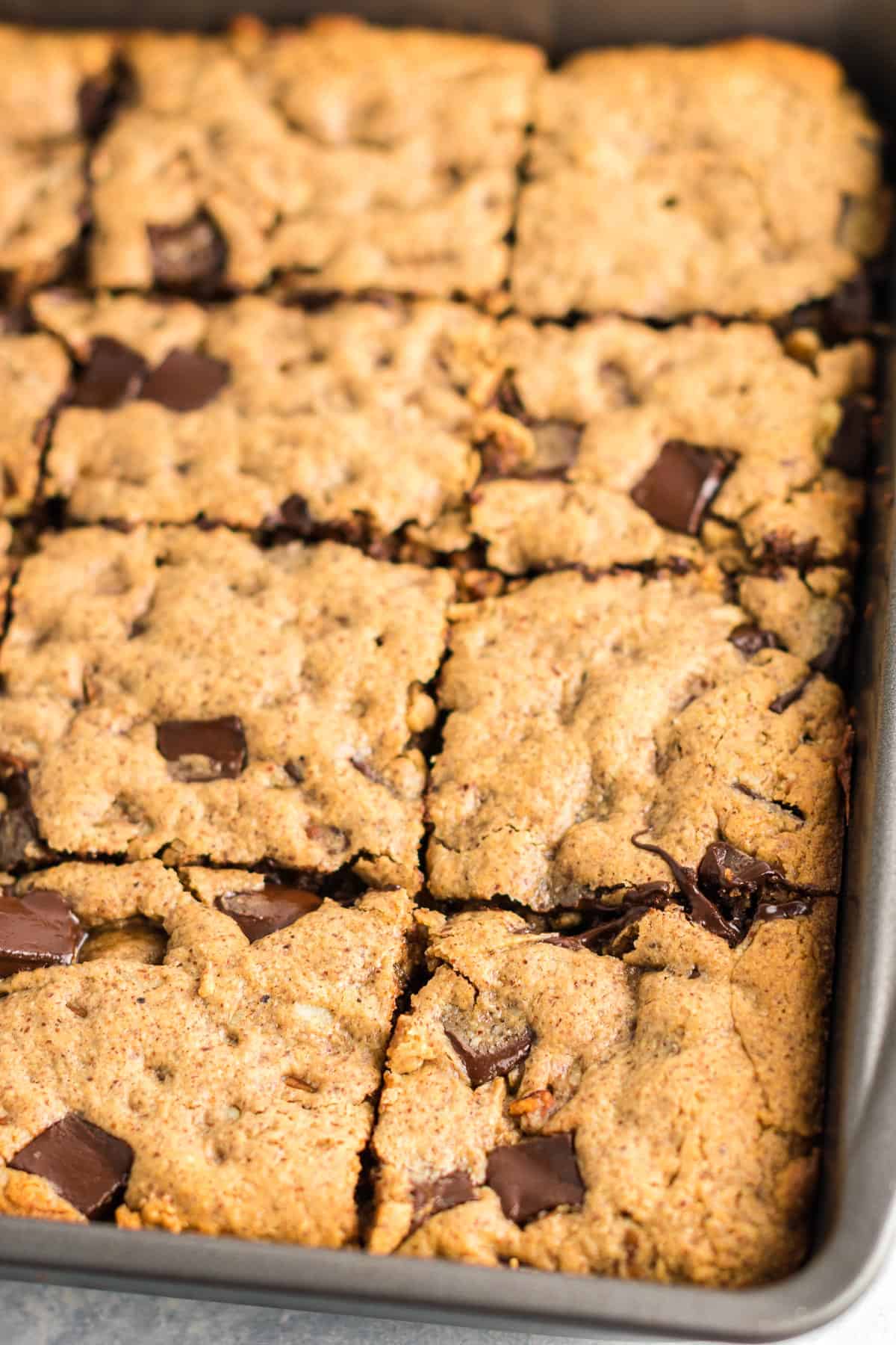 dark chocolate pecan cookie bars cut into pieces