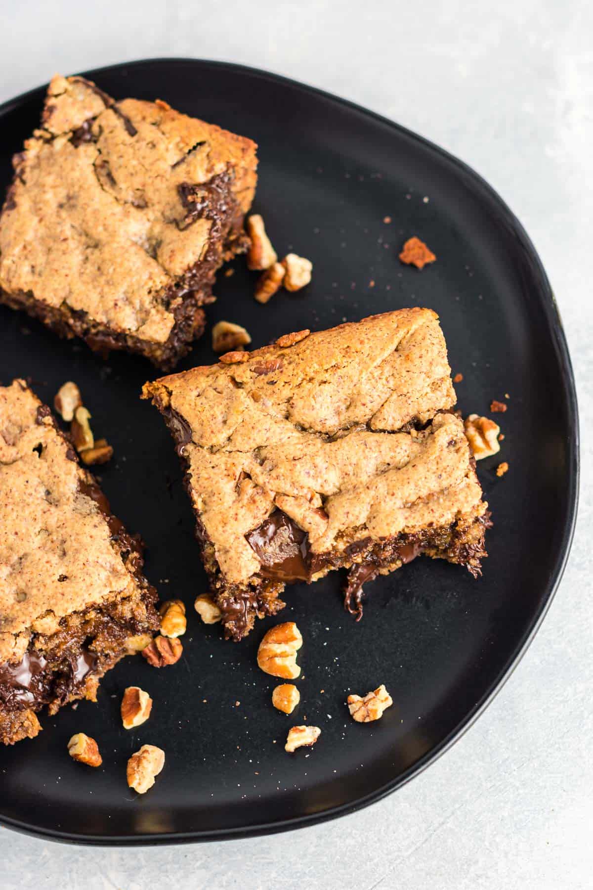 dark chocolate cookie bars on a plate