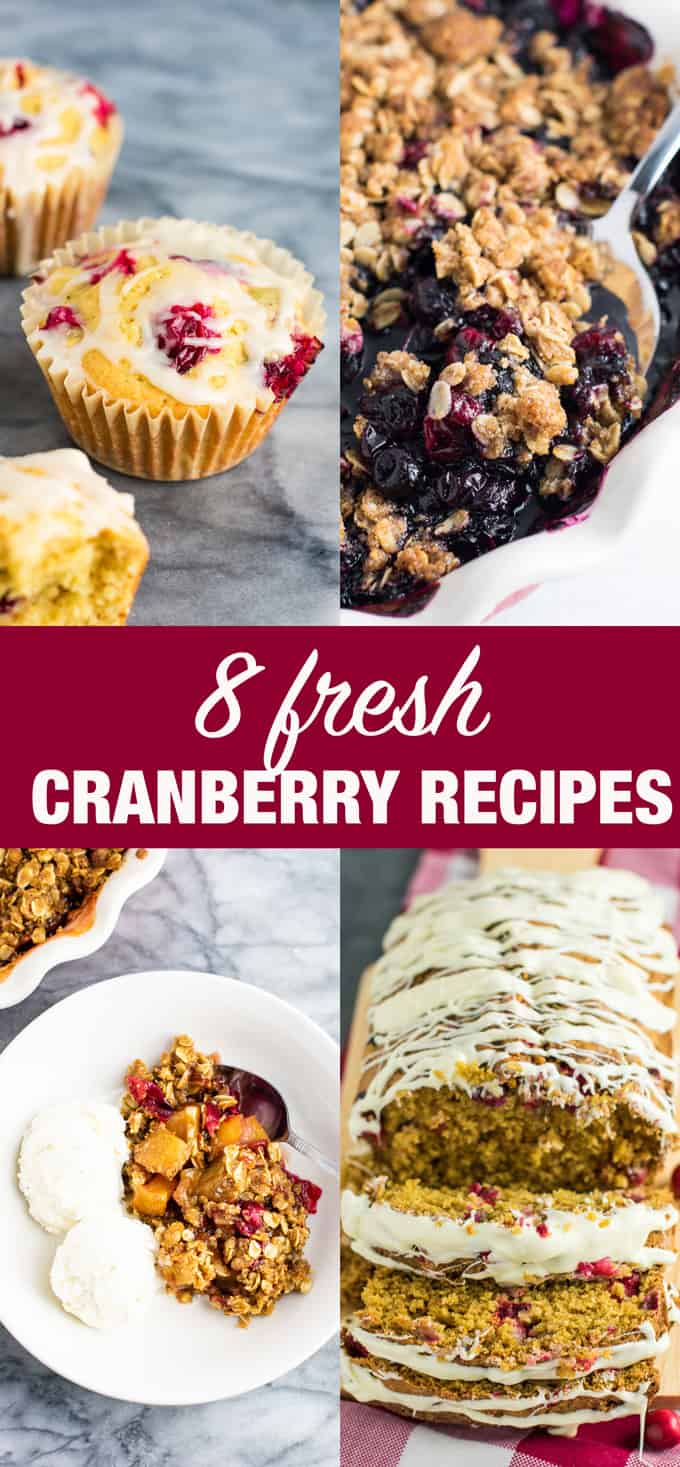 8 delicious fresh cranberry recipes. I am obsessed with cranberries for the holidays! #cranberries #baking #christmas #holidaybaking #holidayrecipes #cranberryrecipes #freshcranberries