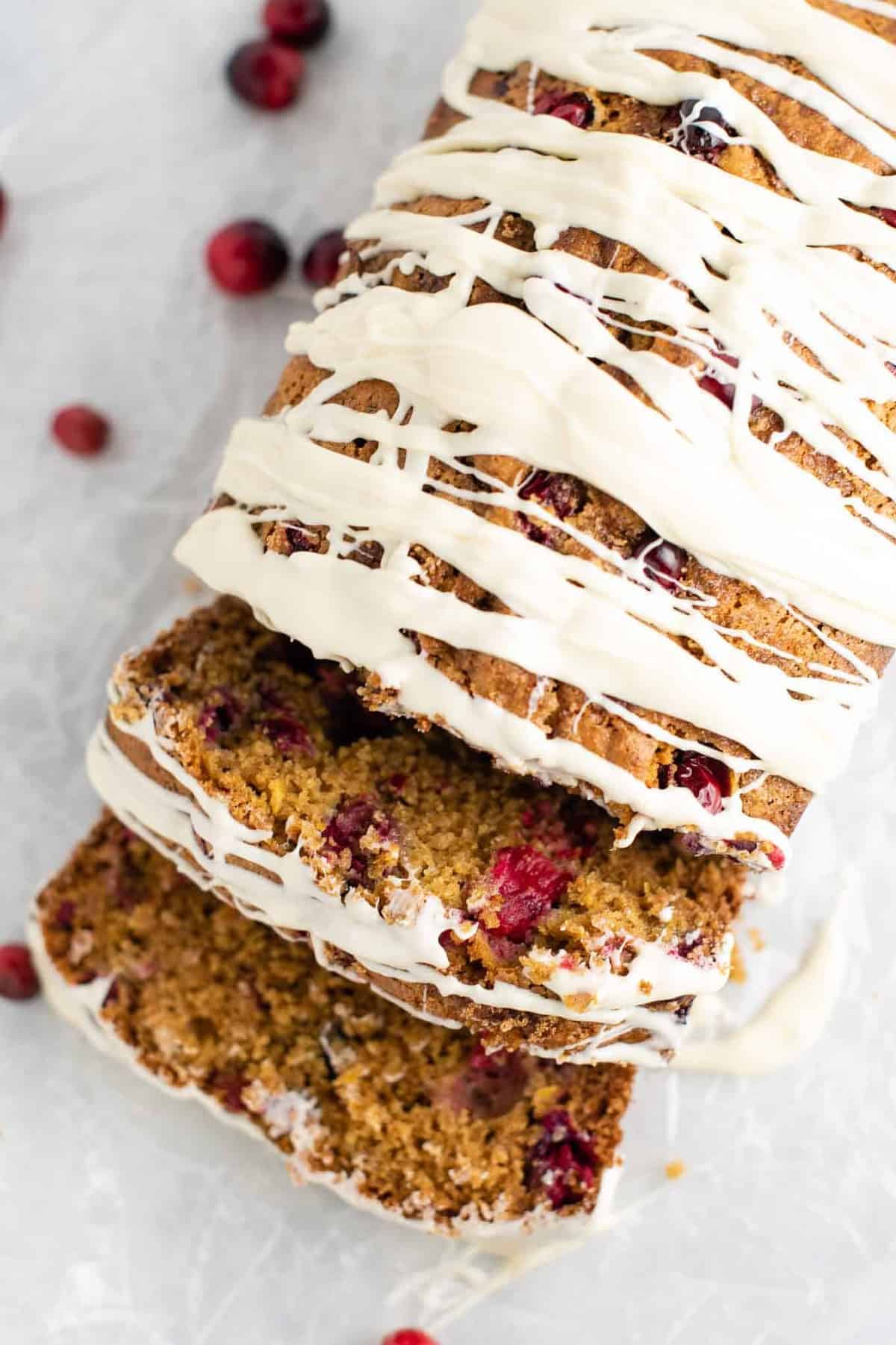 christmas cranberry bread with white chocolate glaze