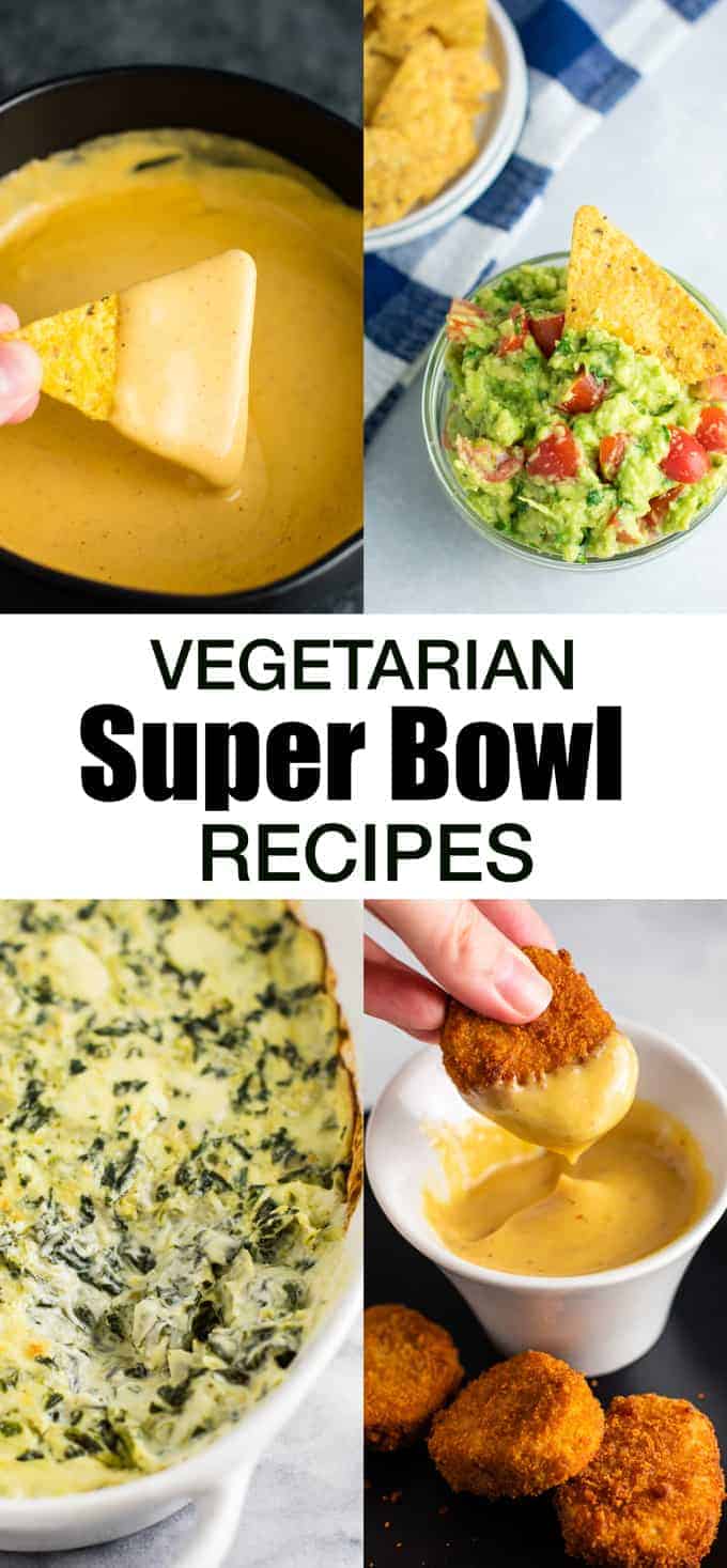 Some of my favorite vegetarian super bowl recipes! Everything from queso to guac, nachos, dips, and more! #vegetarian #superbowl #appetizers #meatless #gameday