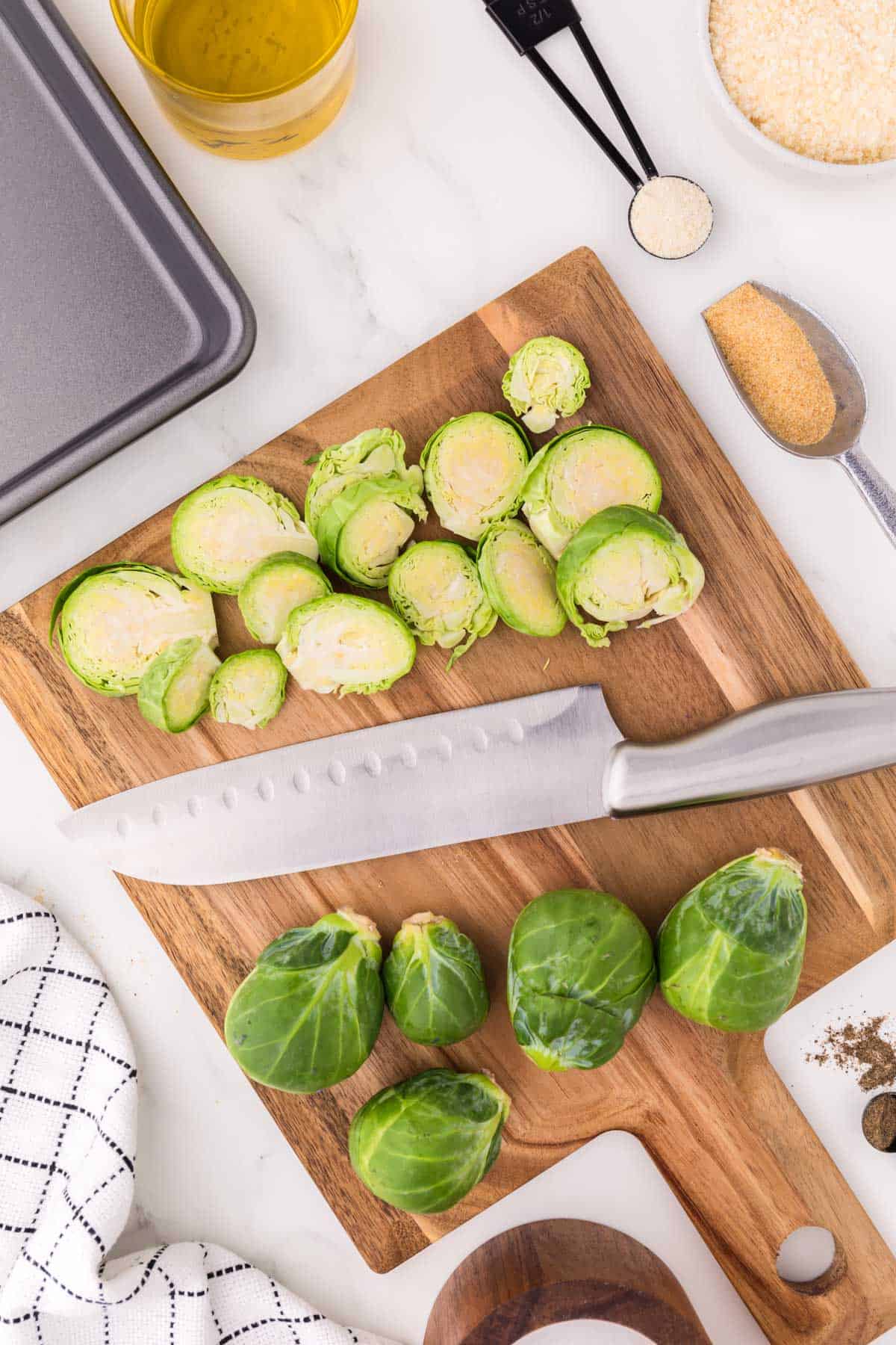 cutting the brussels sprouts into slices