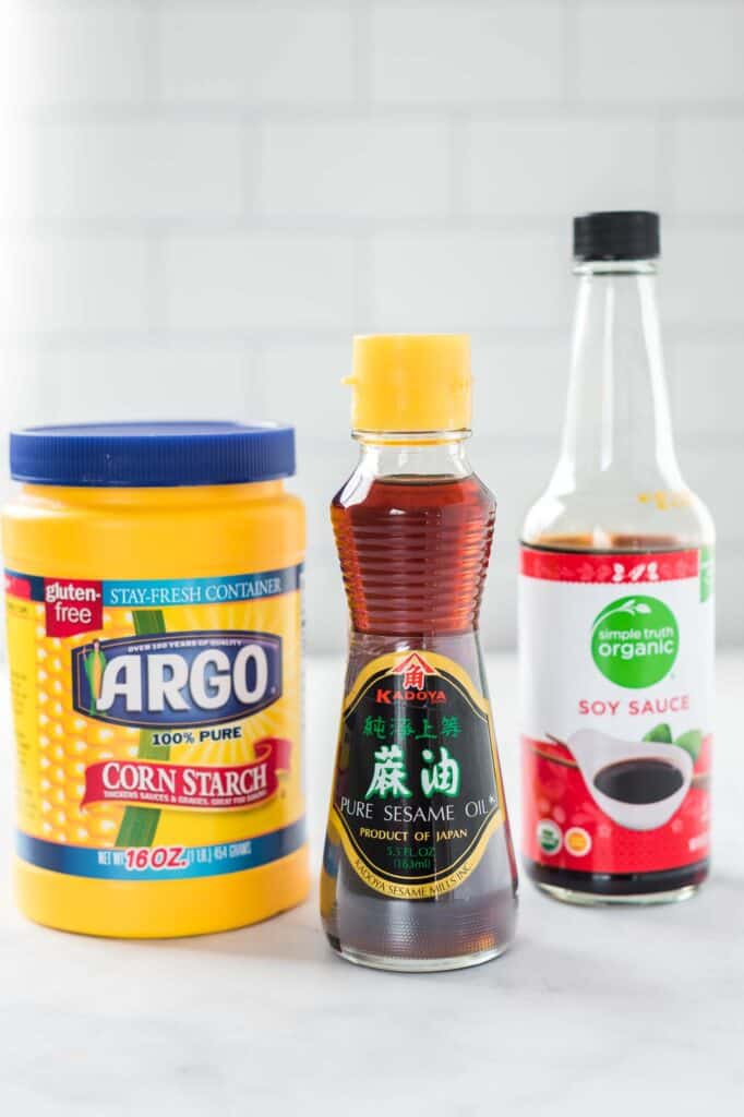 jars of sesame oil, soy sauce, and corn starch