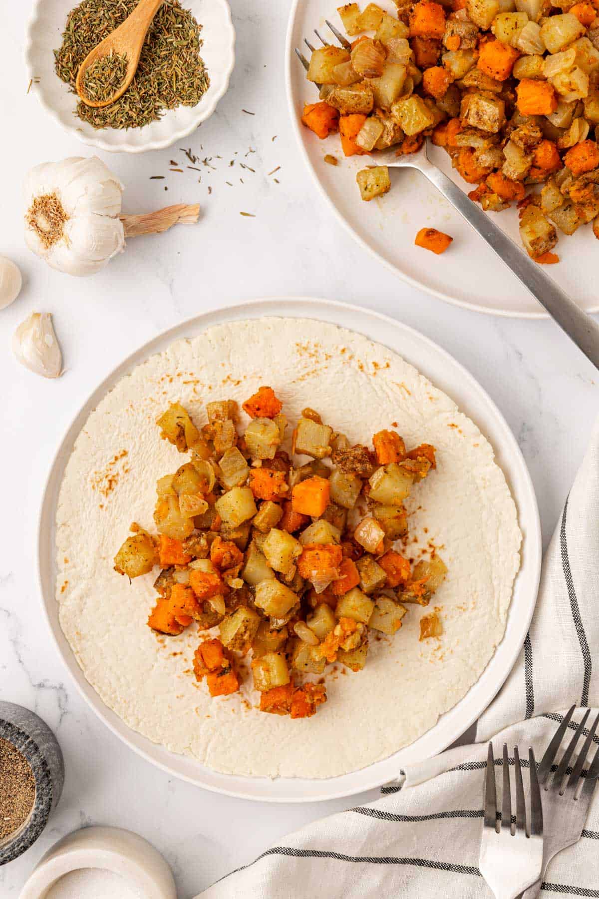 vegan breakfast hash on a tortilla