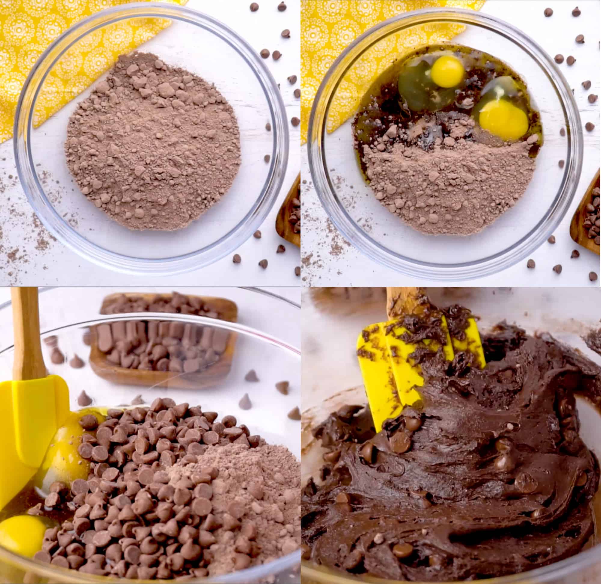 four images showing the progression of adding the ingredients and mixing them together