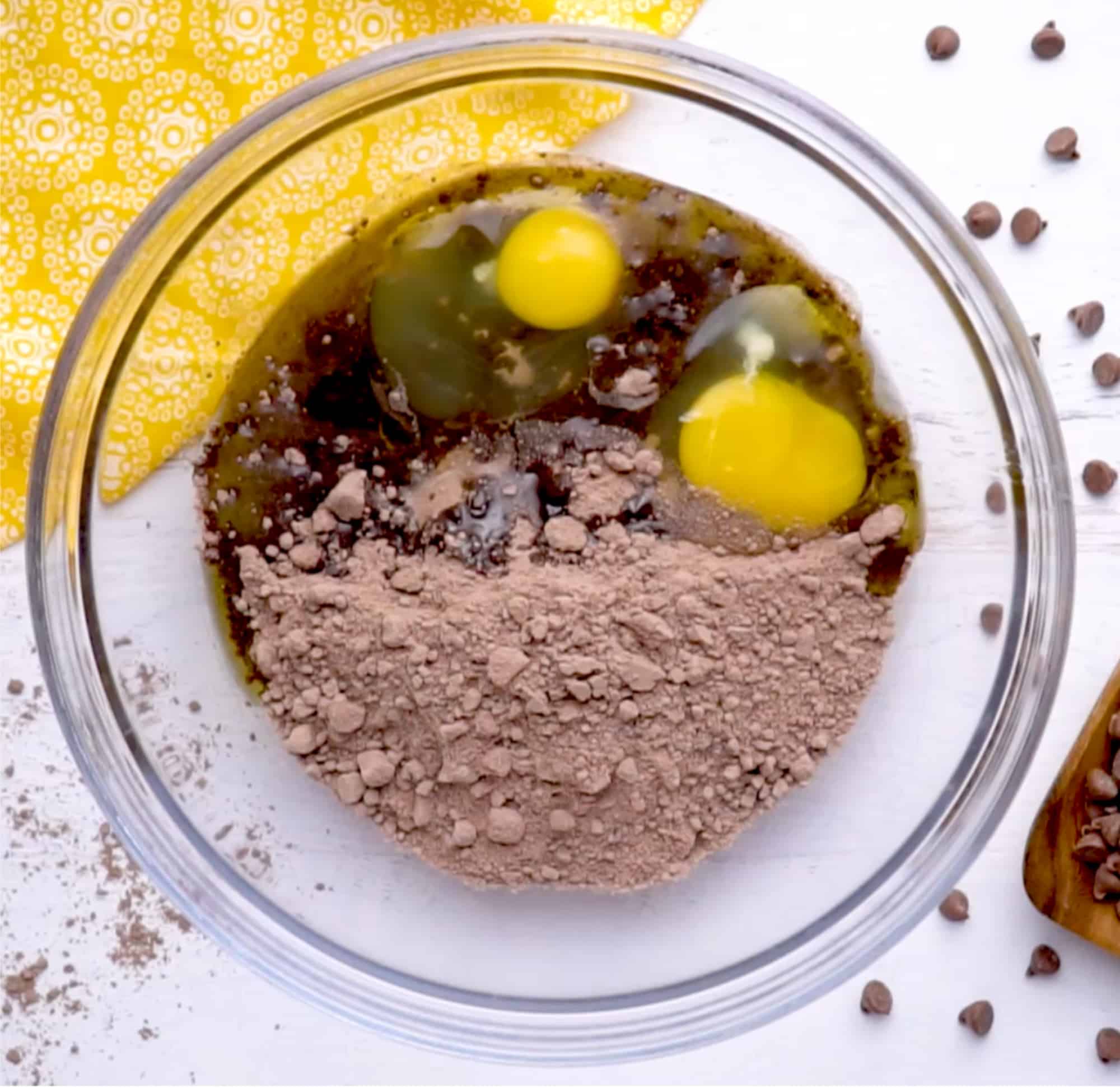 eggs, vanilla, oil, and cake mix in a mixing bowl