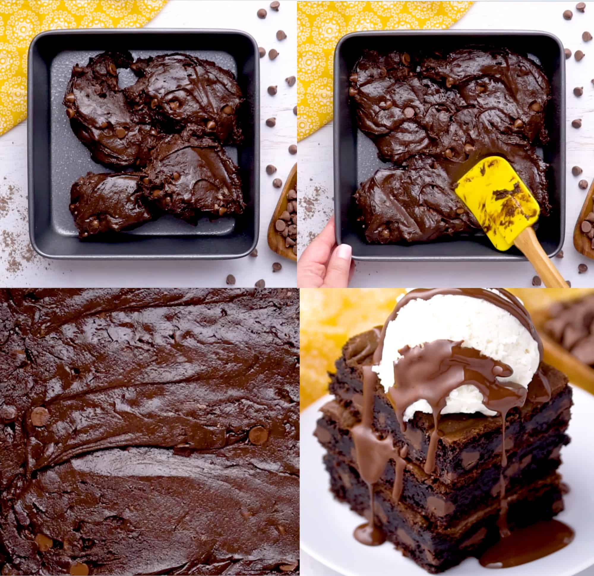 four images showing the spreading of the batter, and then the finished brownies with ice cream and fudge sauce on top