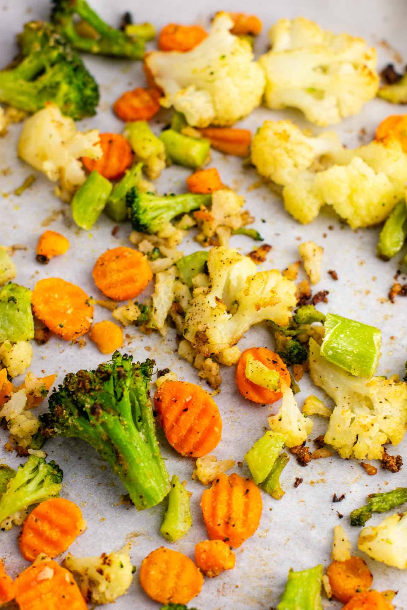 roasted frozen veggies on the baking sheet after cooking