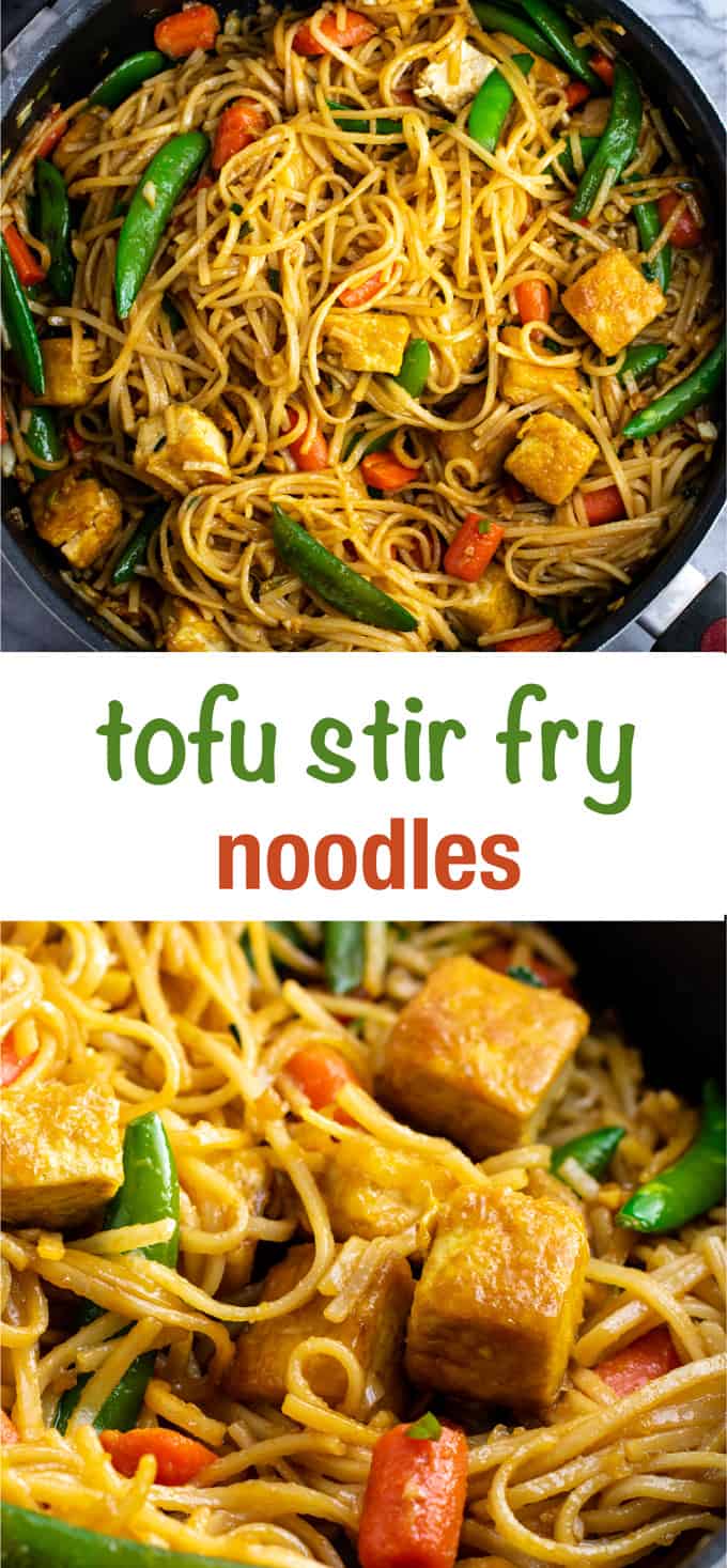 Tofu stir fry noodles with sugar snap peas and carrots. Homemade 3 ingredient stir fry sauce makes this taste amazing! #tofu #stirfrynoodles #stirfry #vegan #dinner #stirfryrecipe #vegetarian #tofustirfy