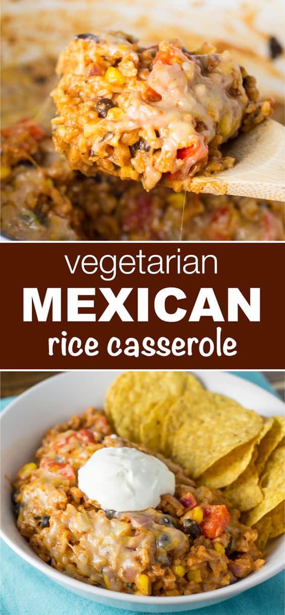 image with text "vegetarian mexican rice casserole"