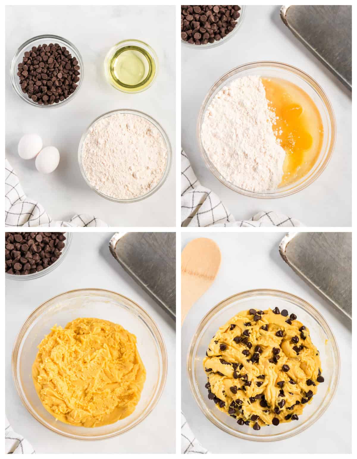four step collage image showing ingredients and batter preparation