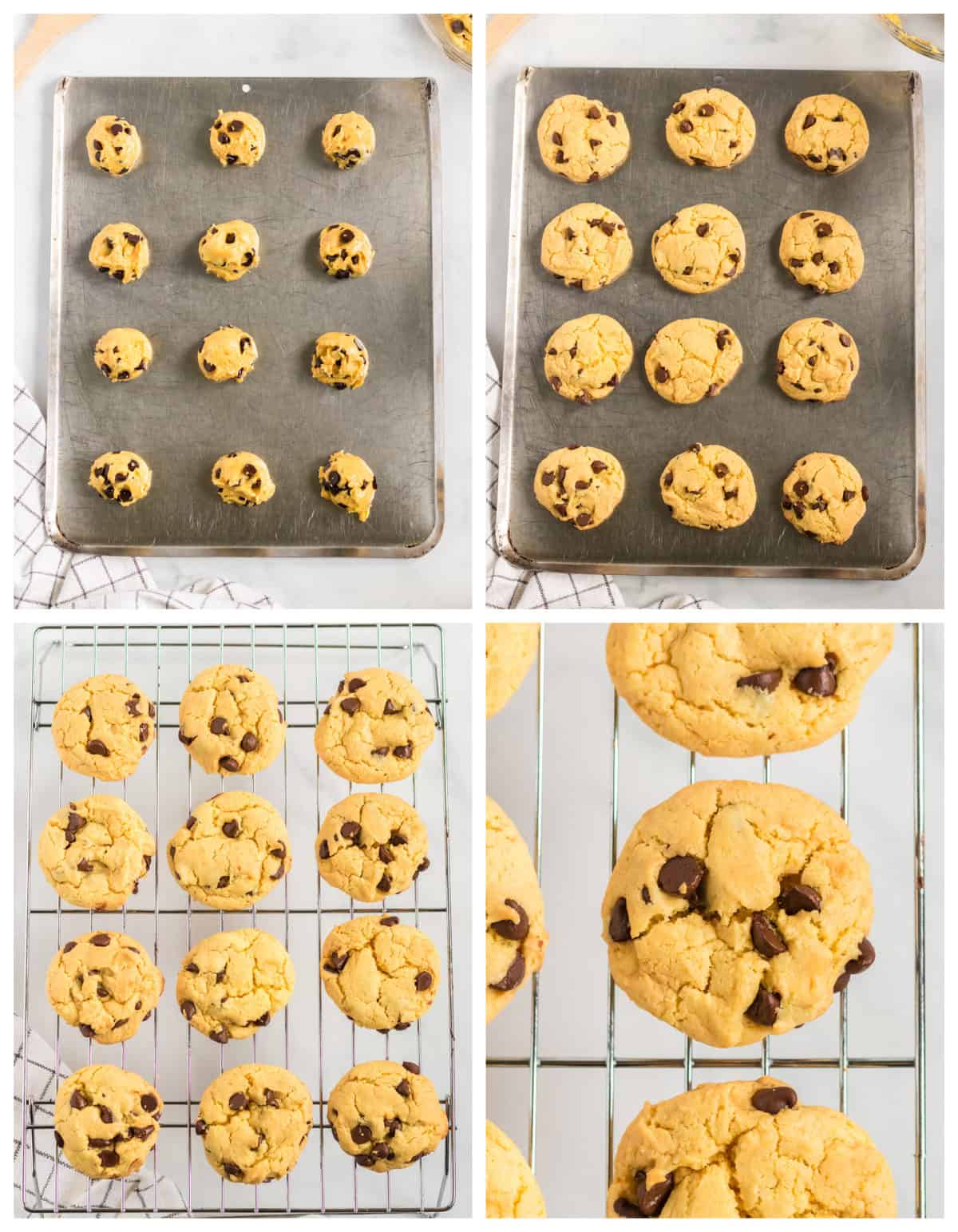 four step collage showing cookie batter on a baking sheet, the baked cookies, and the cookies on a cooling rack