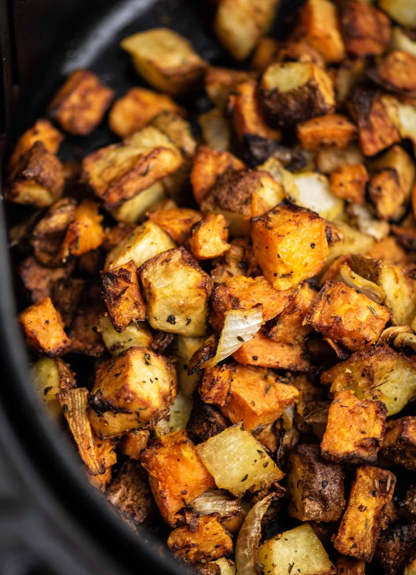 breakfast potatoes in the air fryer from an overhead view