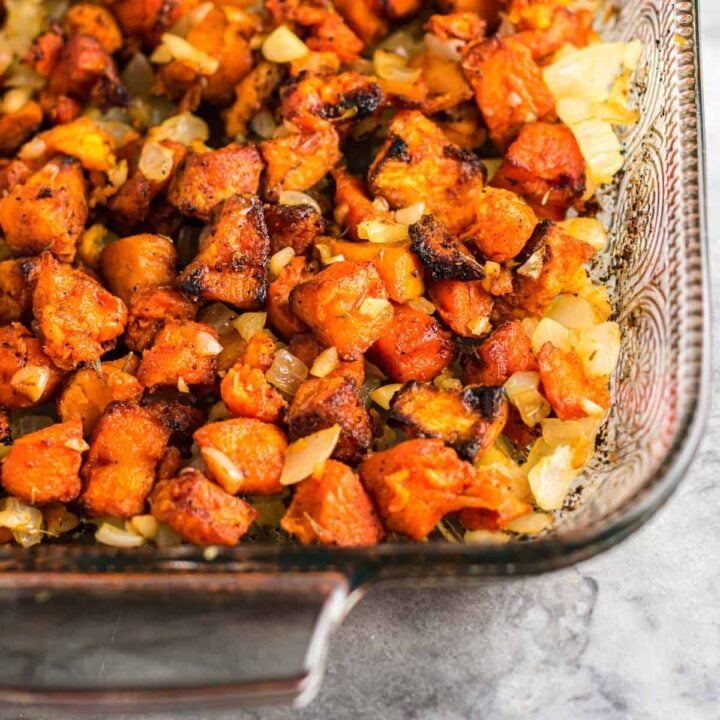 sweet potato hash in a glass casserole dish