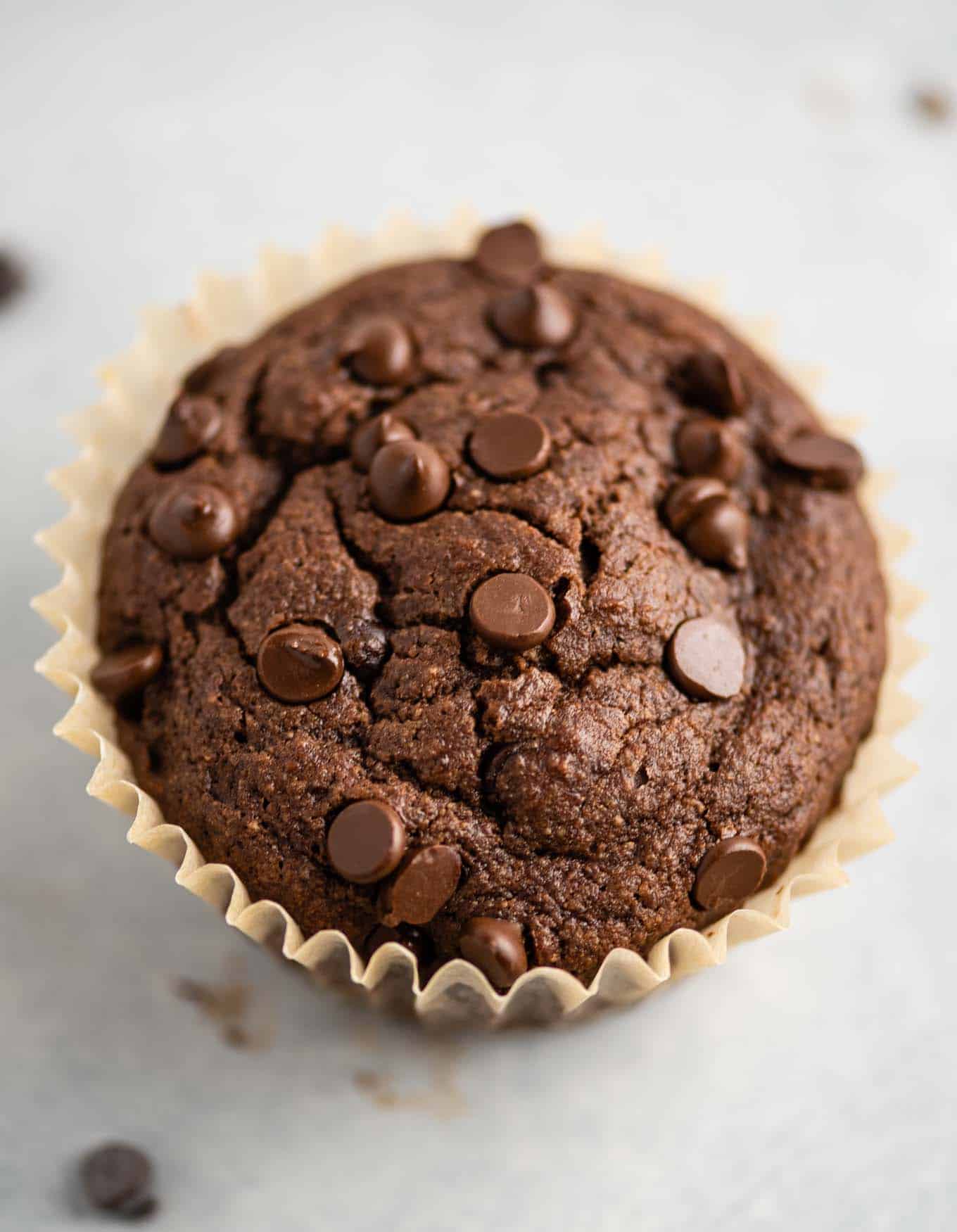 single gluten free chocolate muffin in a parchment paper muffin liner