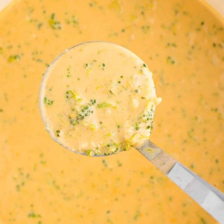 ladle full of broccoli cheese soup