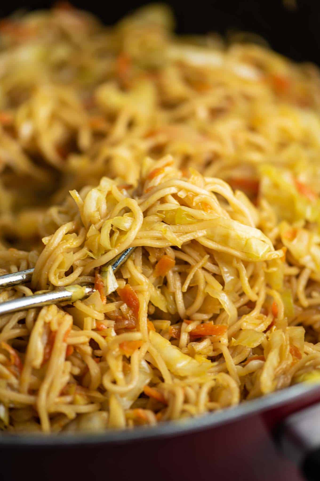 cabbage ramen noodles in a skillet