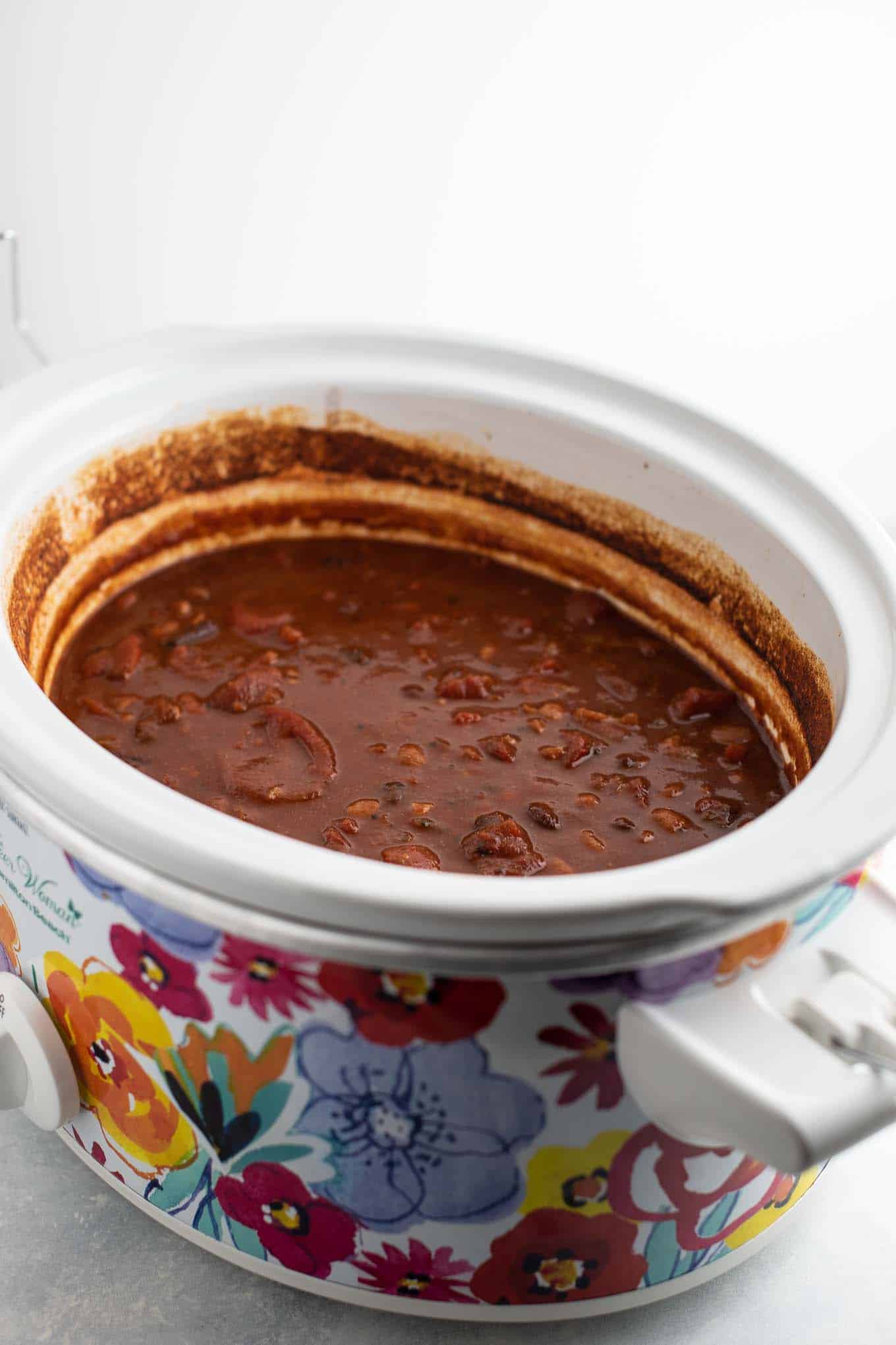 floral pioneer woman crock pot full of chili