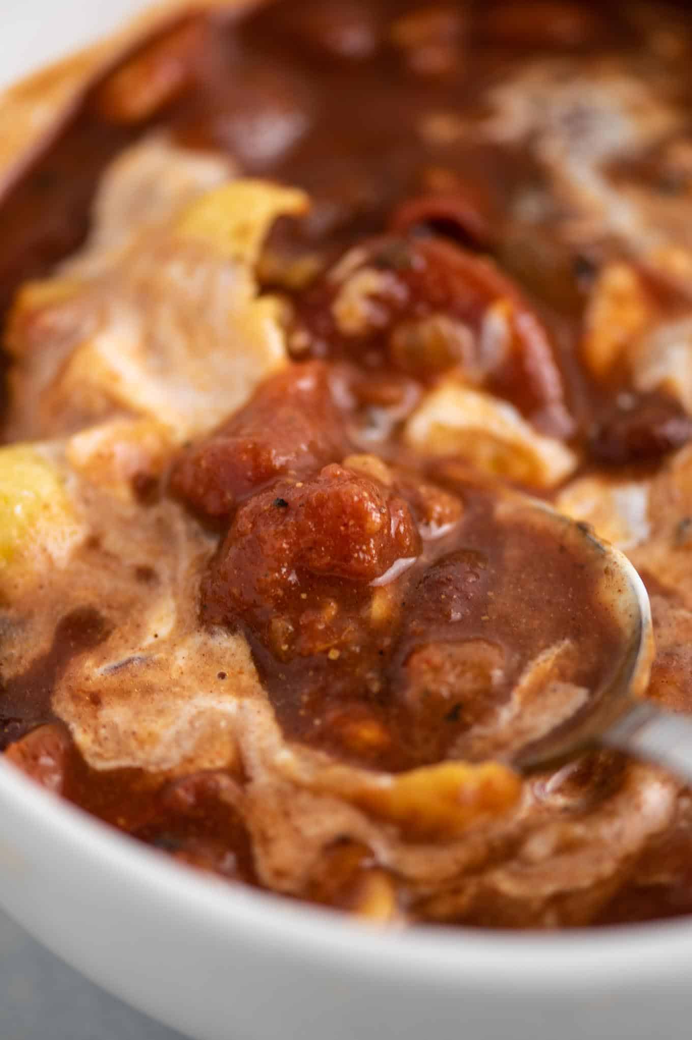 up close image of the finished chili in a bowl