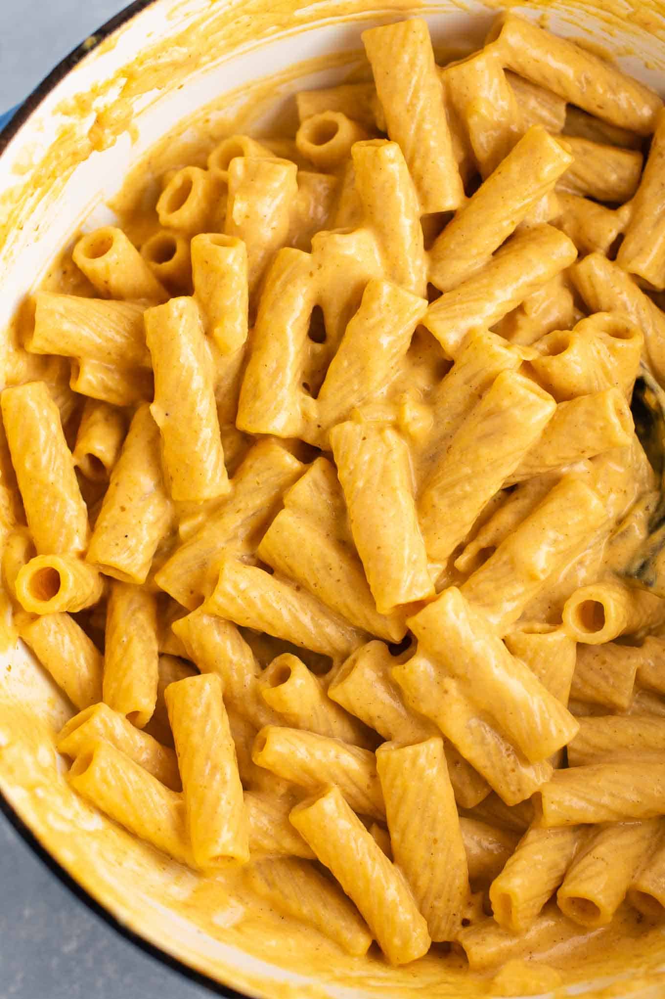 pumpkin pasta in a dutch oven from an overhead view