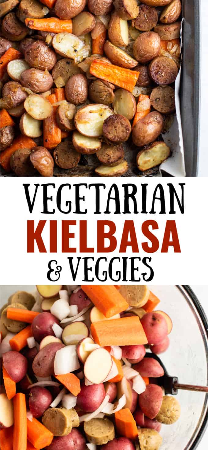 image with text "vegetarian kielbasa and veggies"