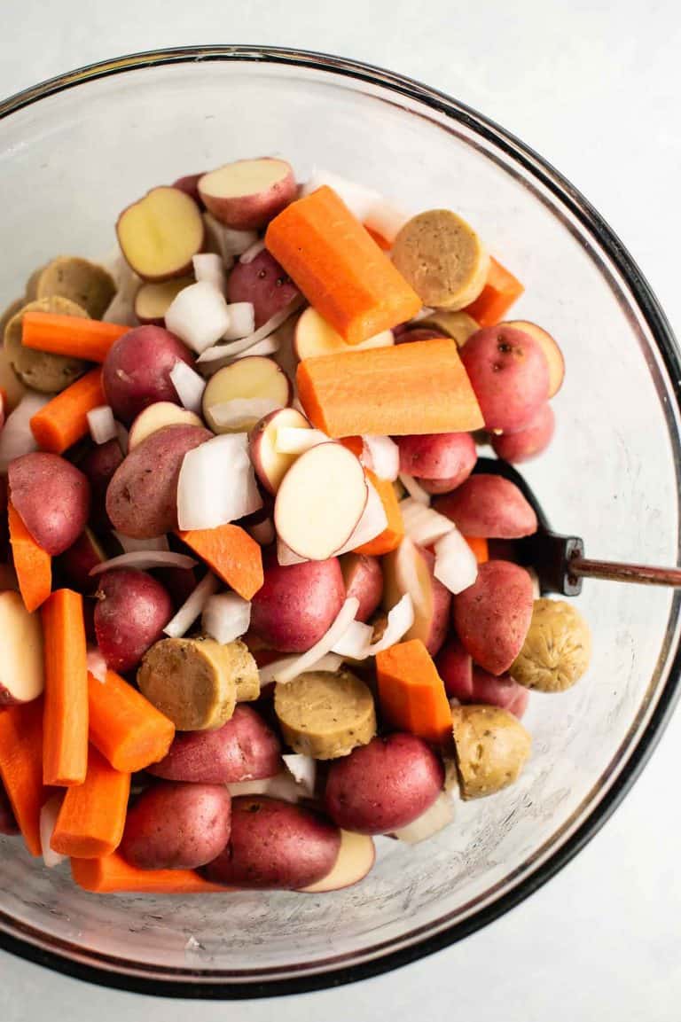 Sheet Pan Vegetarian Kielbasa & Veggies Build Your Bite