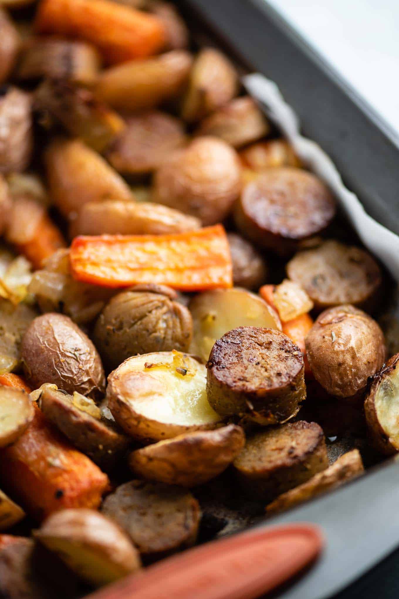 roasted vegetarian kielbasa and potato up close