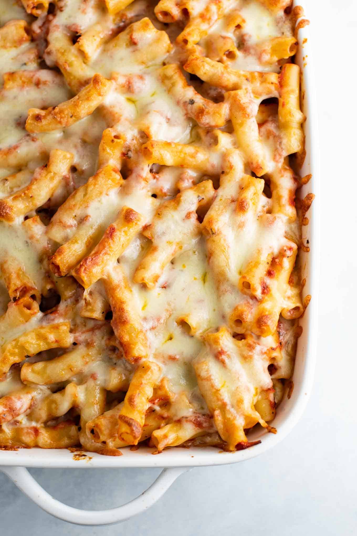 overhead shot of the baked ziti in the casserole dish