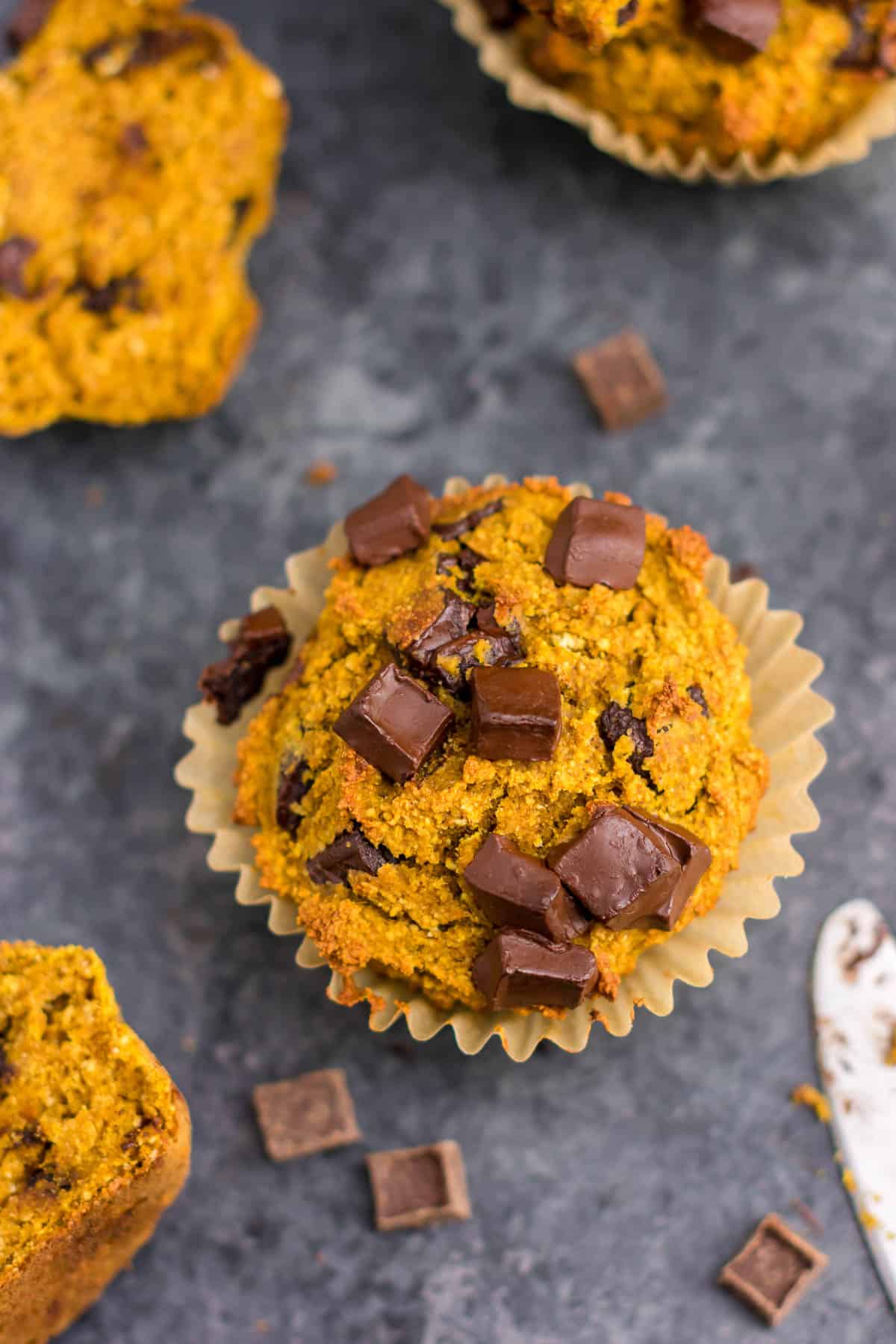 gluten free pumpkin muffin with chocolate chunks