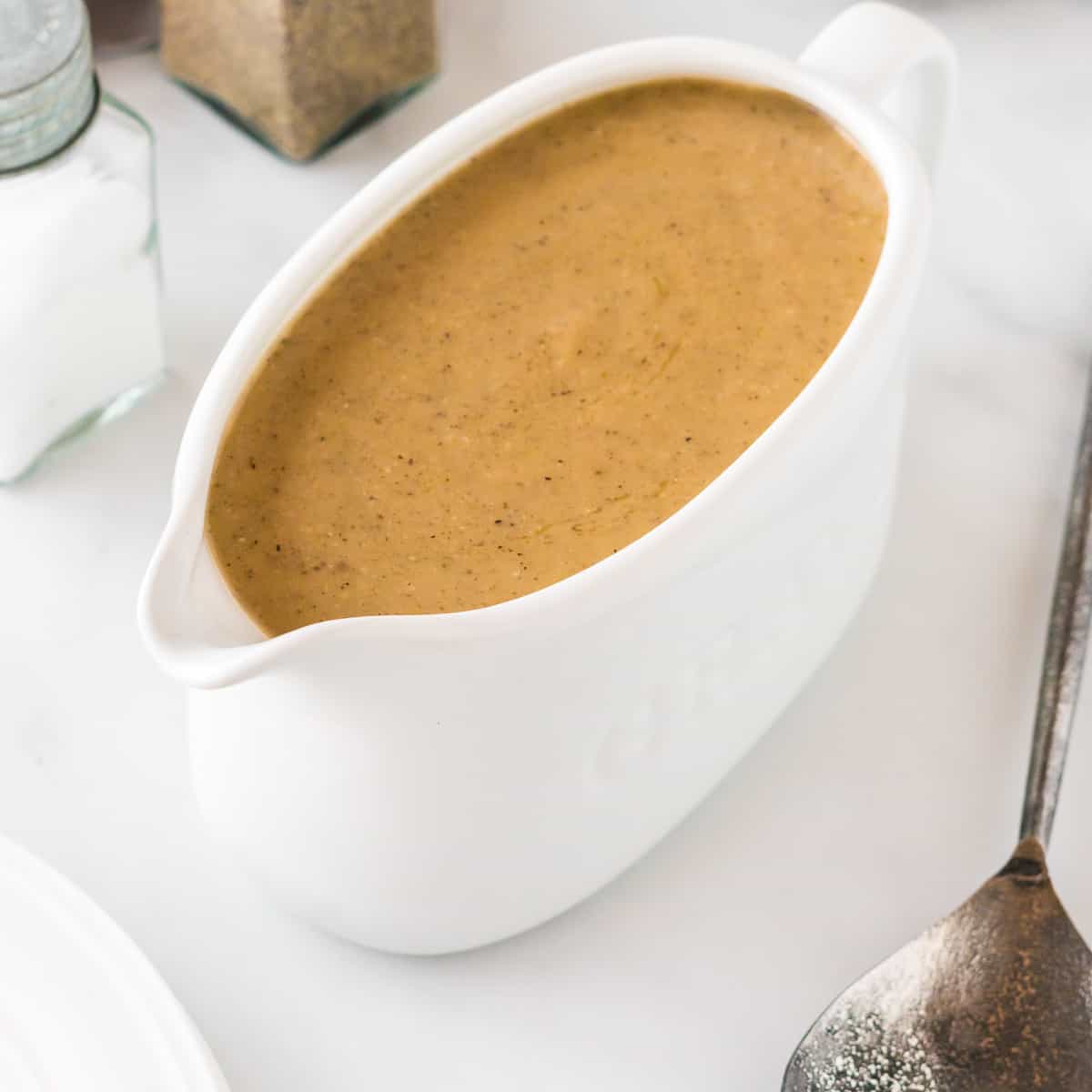 vegetarian gravy in a white gravy boat