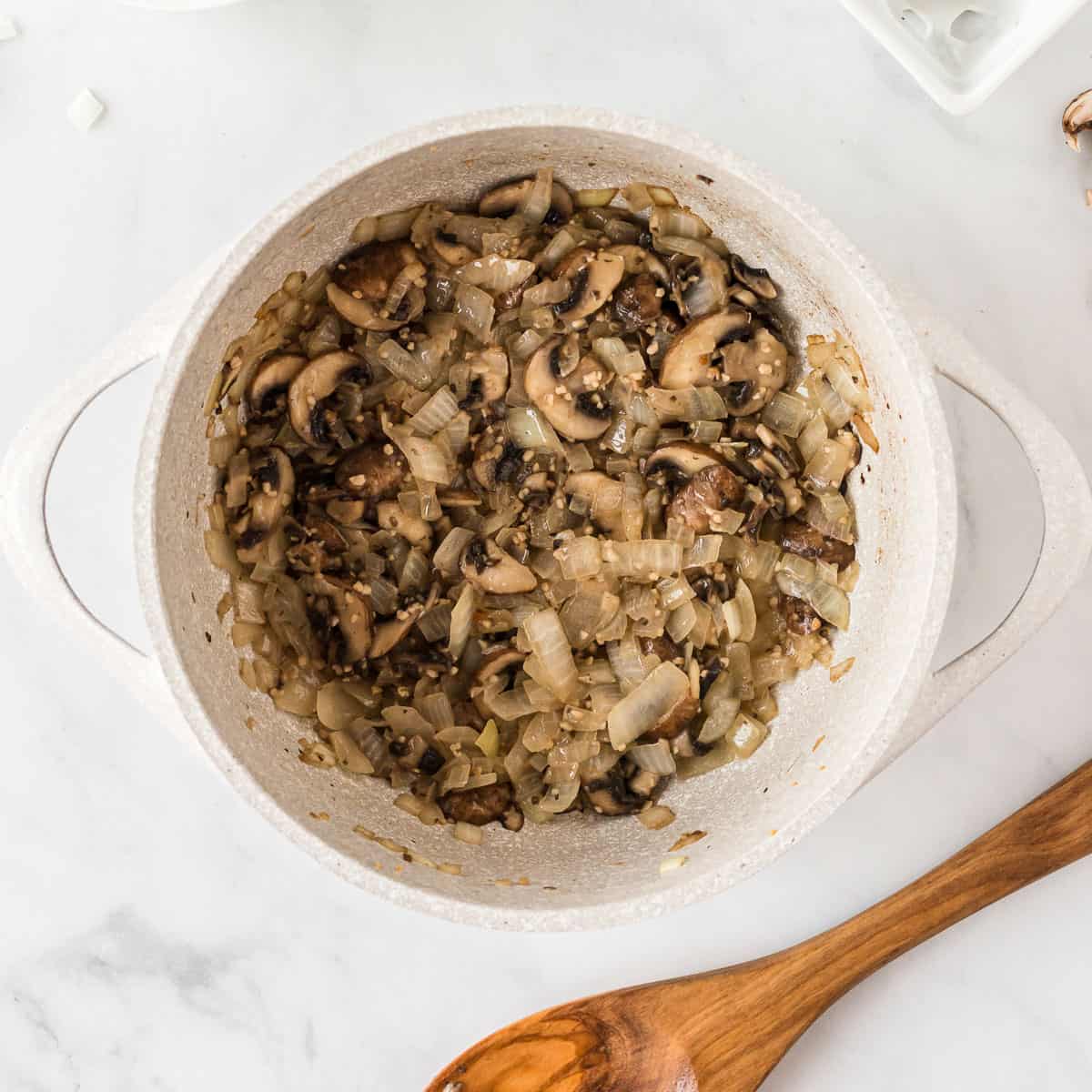 mushrooms, garlic, and onion cooked down in the pan