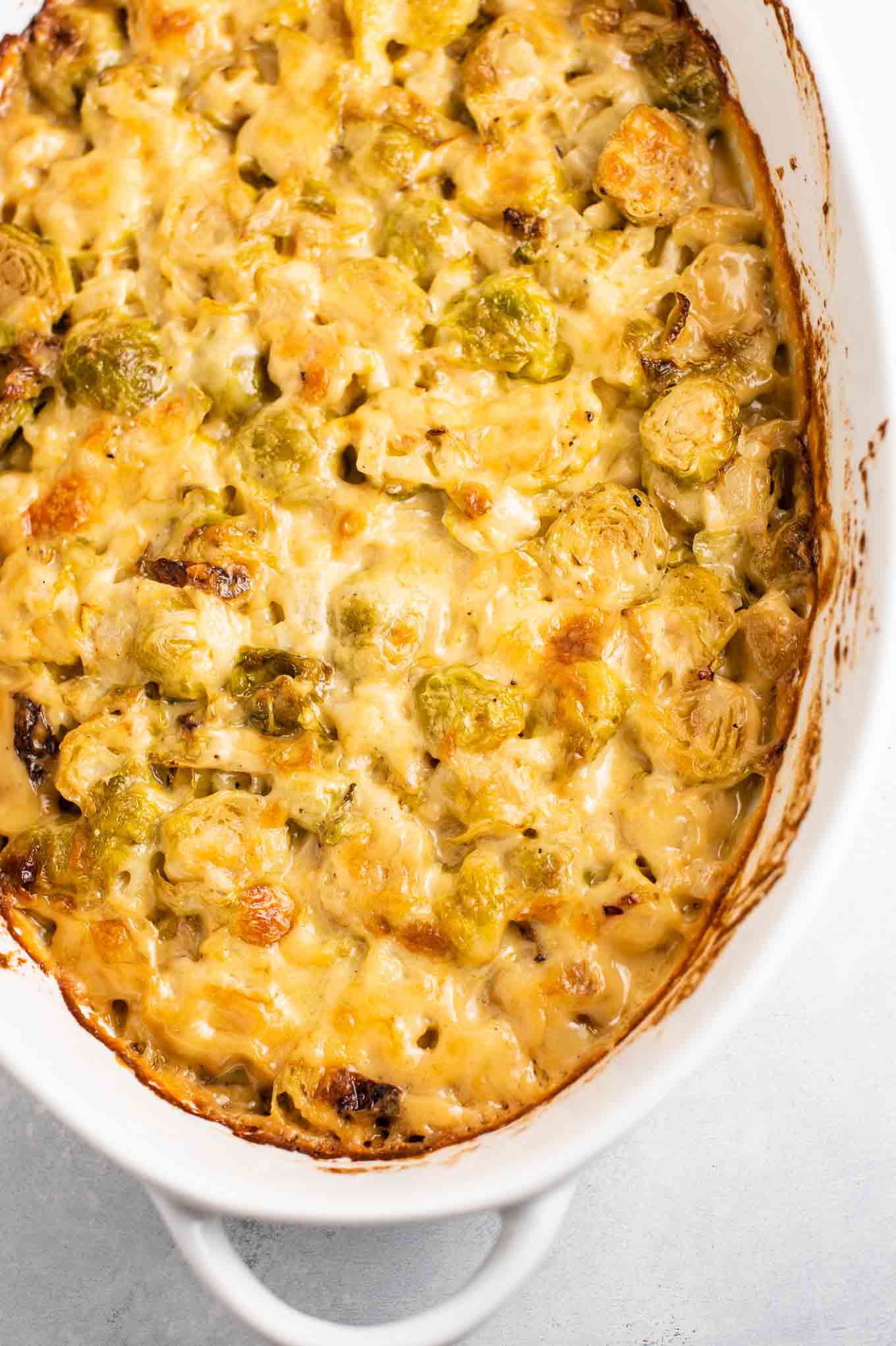 brussels sprouts gratin from an overhead view