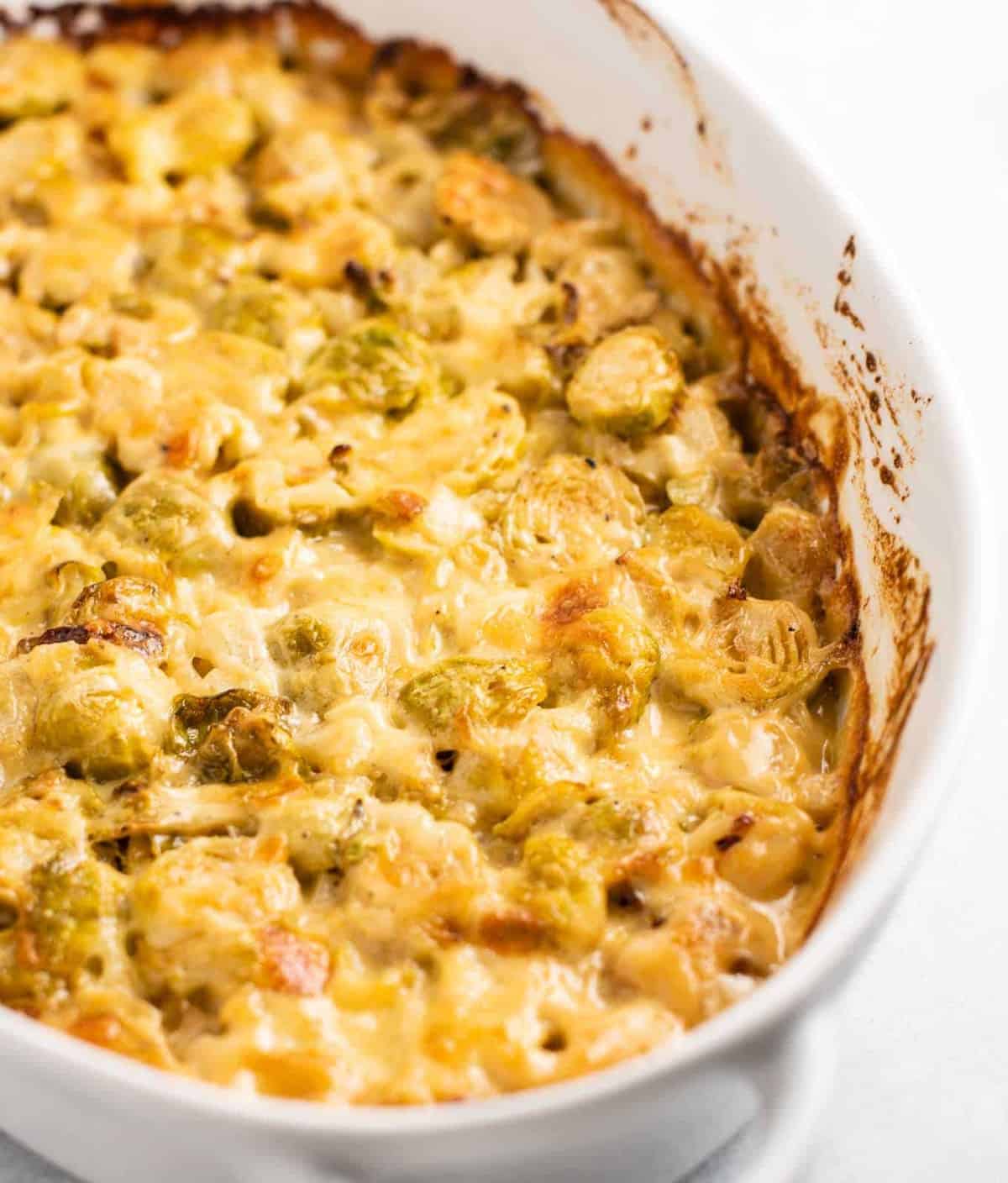 oval white dish of bubbly cheesy brussel sprout gratin