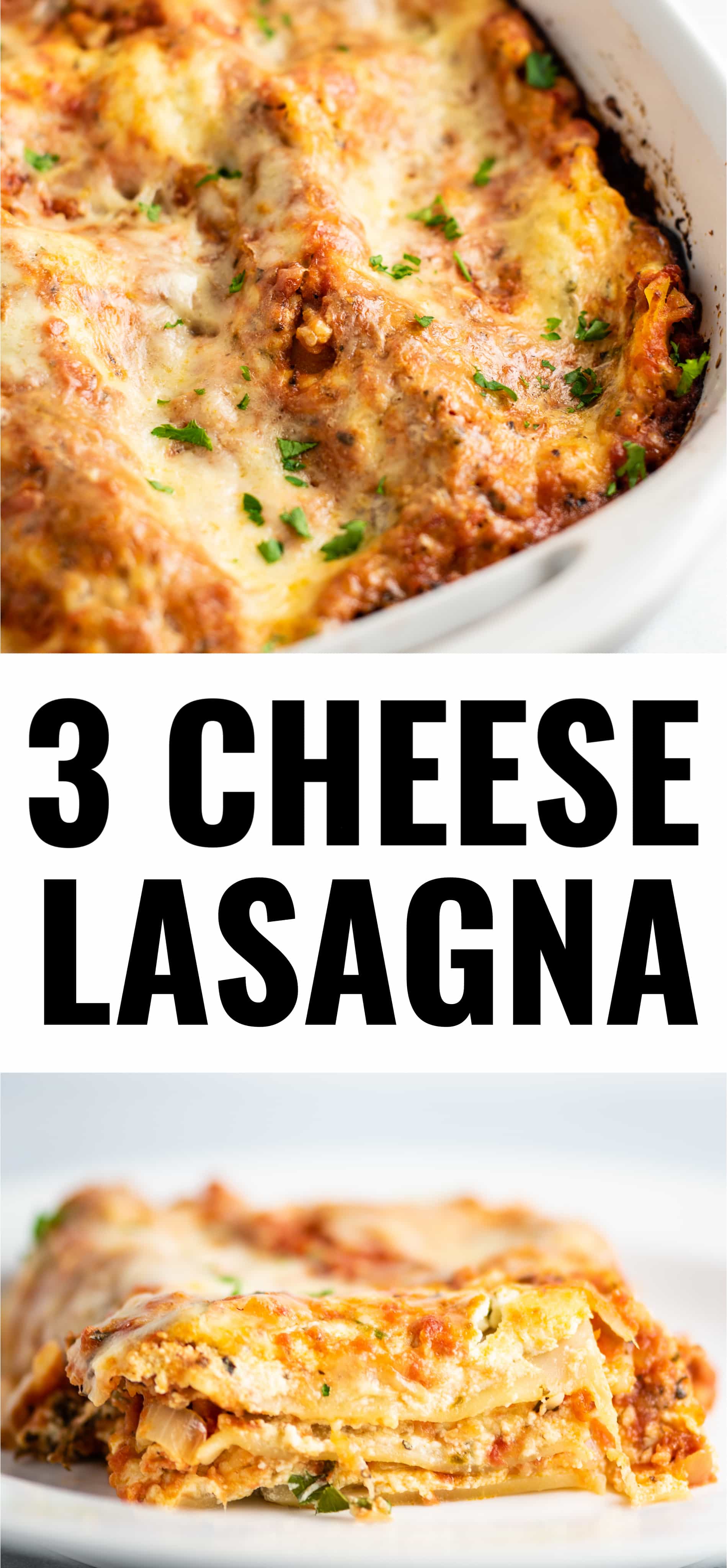 image of lasagna with the text "3 cheese lasagna"