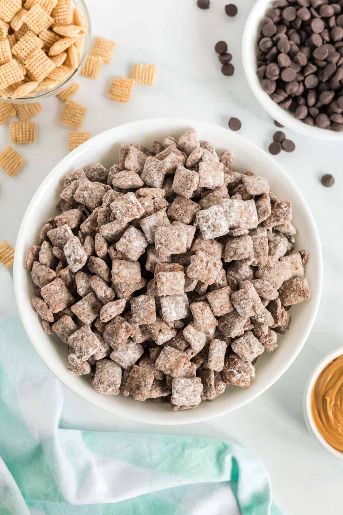 vegan puppy chow in a white bowl