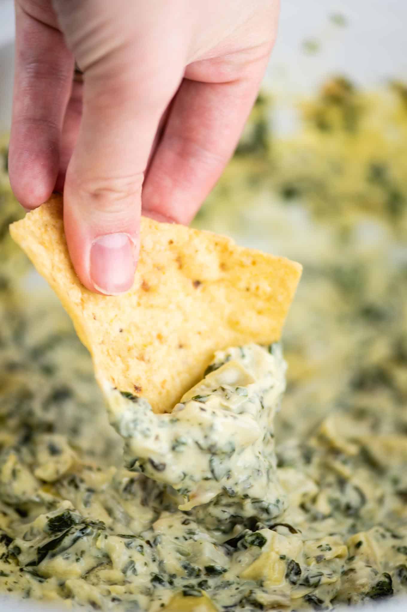 dipping a chip into the crock pot dip