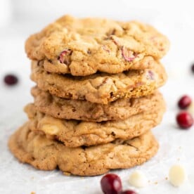 5 stacked white chocolate cranberry pecan cookies