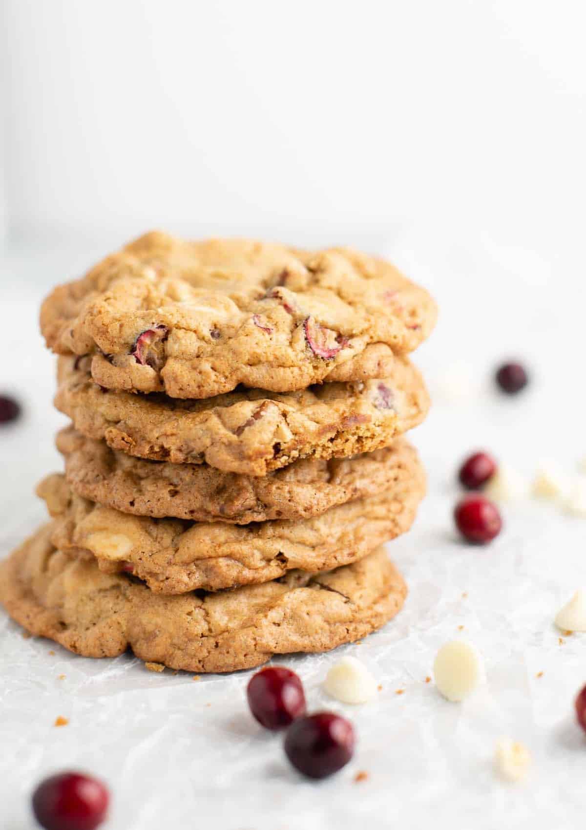 5 stacked white chocolate cranberry pecan cookies