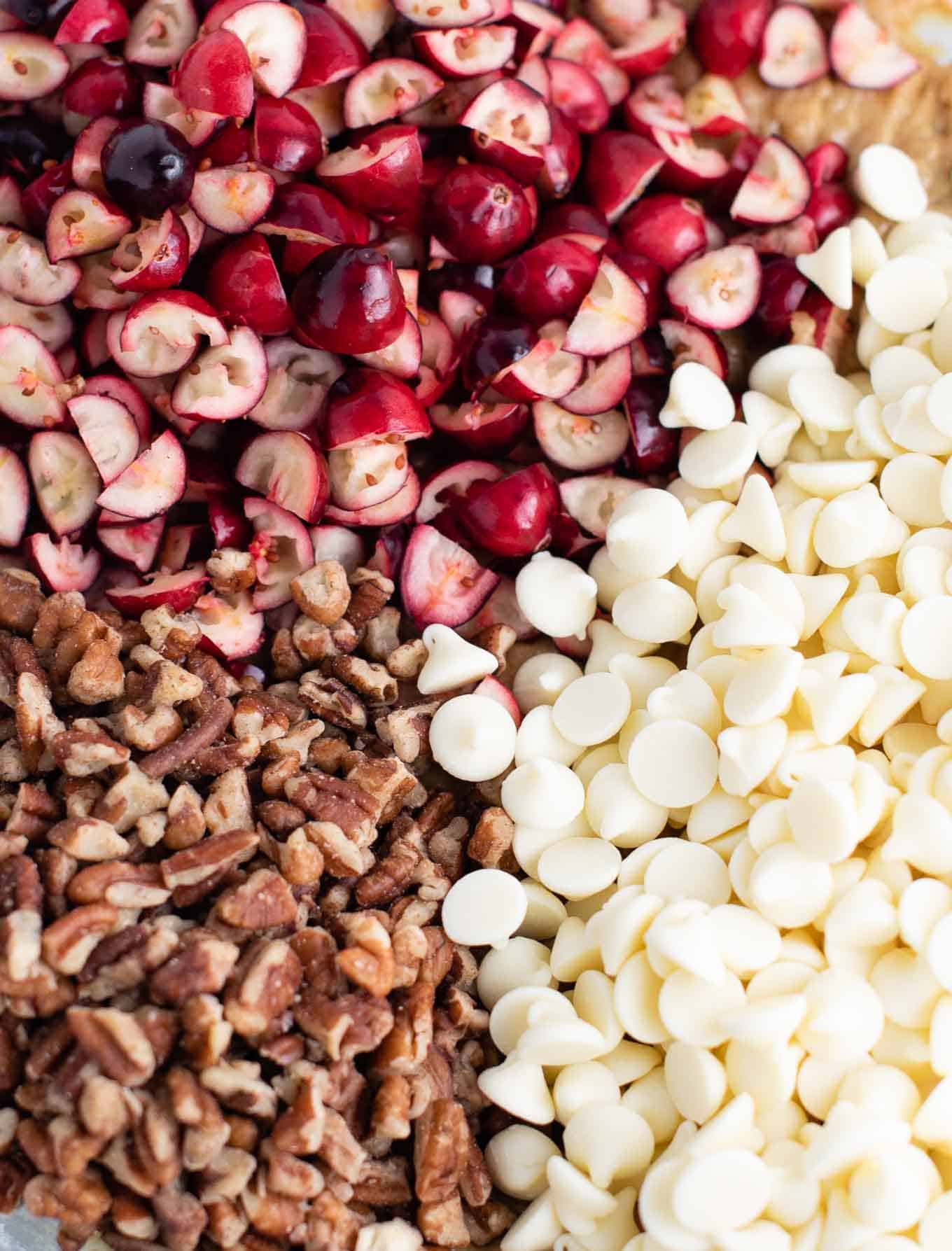 chopped cranberries, chopped pecans, and white chocolate baking chips