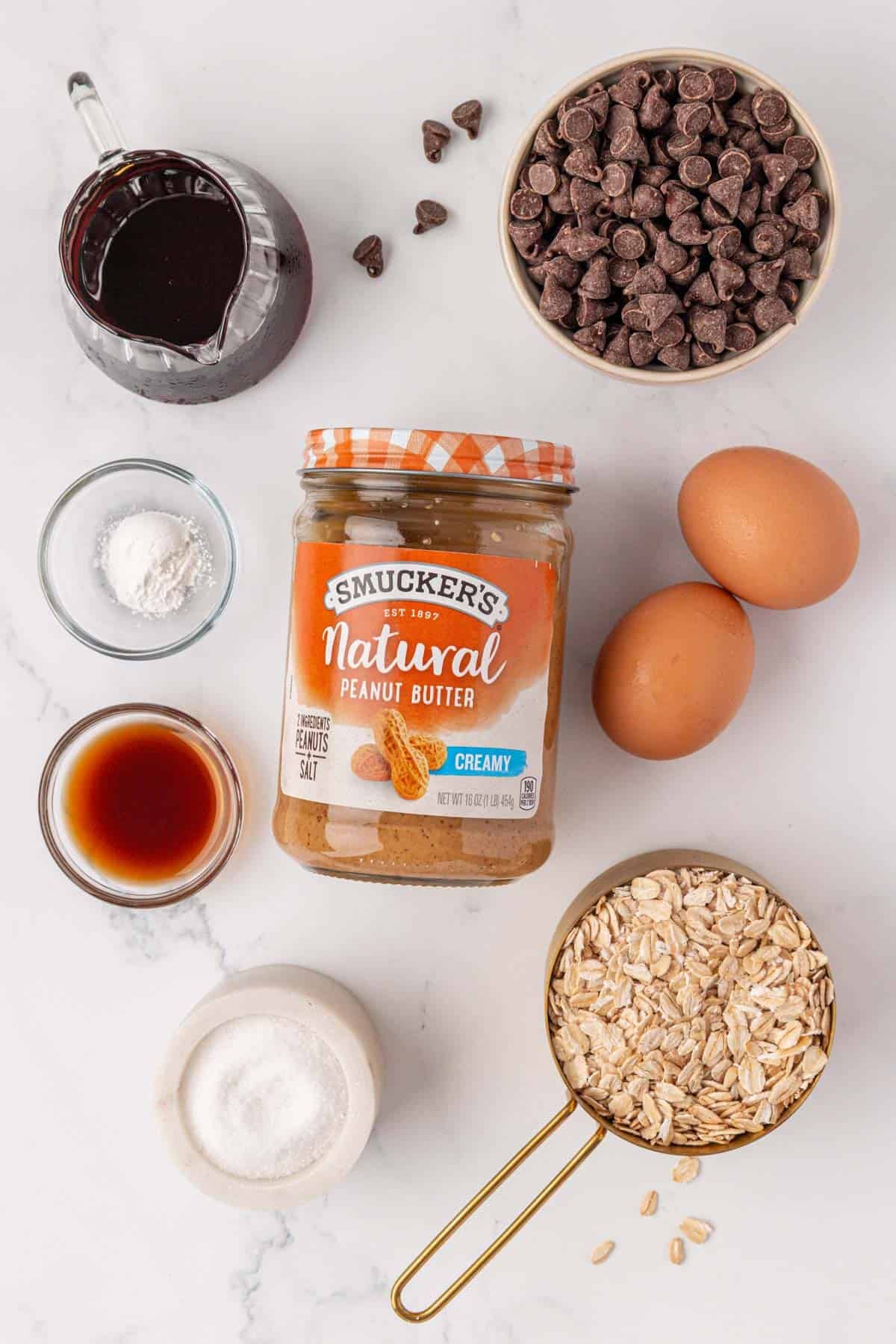 ingredients needed to make flourless peanut butter oatmeal chocolate chip cookies