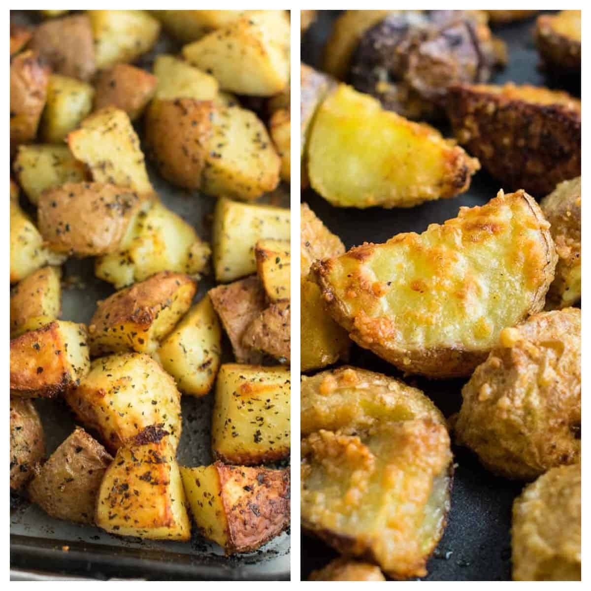 collage image showing baby red potatoes and garlic parmesan potatoes