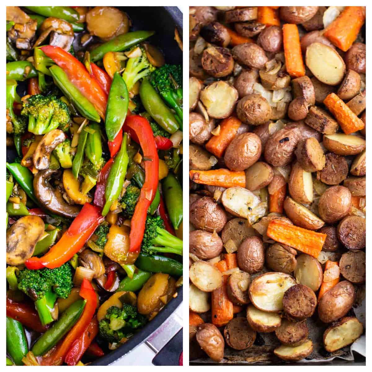 collage image showing stir fry vegetables and a sheet pan vegetarian dinner