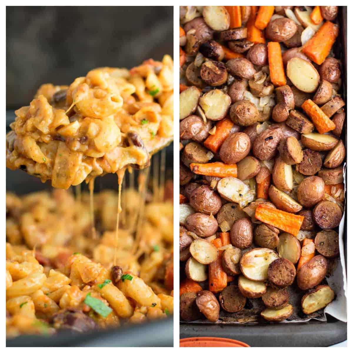 collage image showing slow cooker chili mac and a sheet pan vegetarian dinner