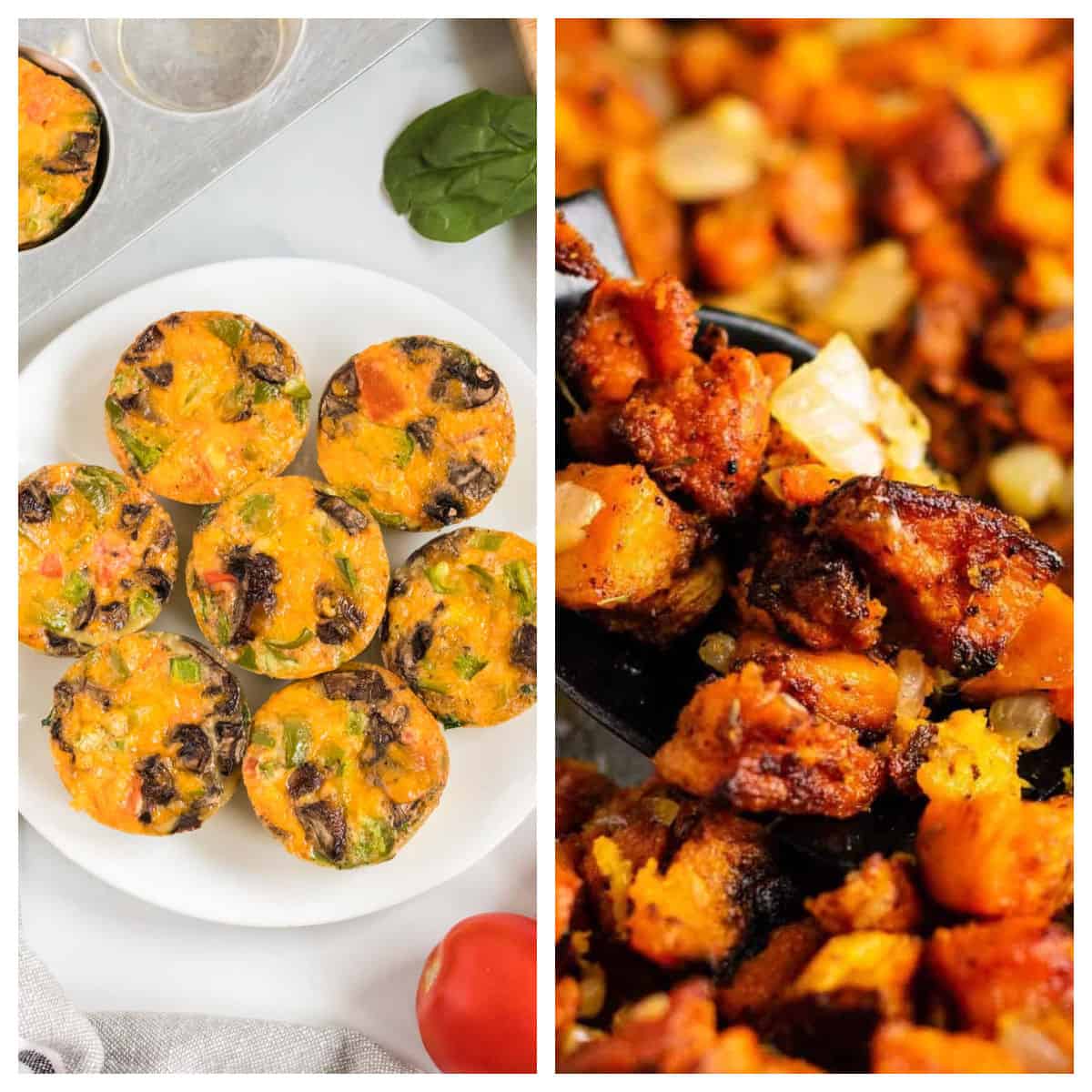 collage image showing egg muffin cups and sweet potato hash